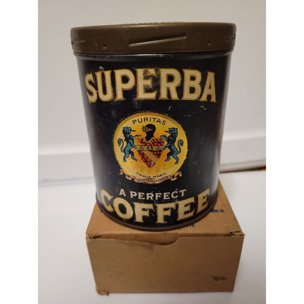 VINTAGE SUPERBA BRAND COFFEE TIN ADVERTISING COLLECTIBLE GRAPHICS Portland, ME
